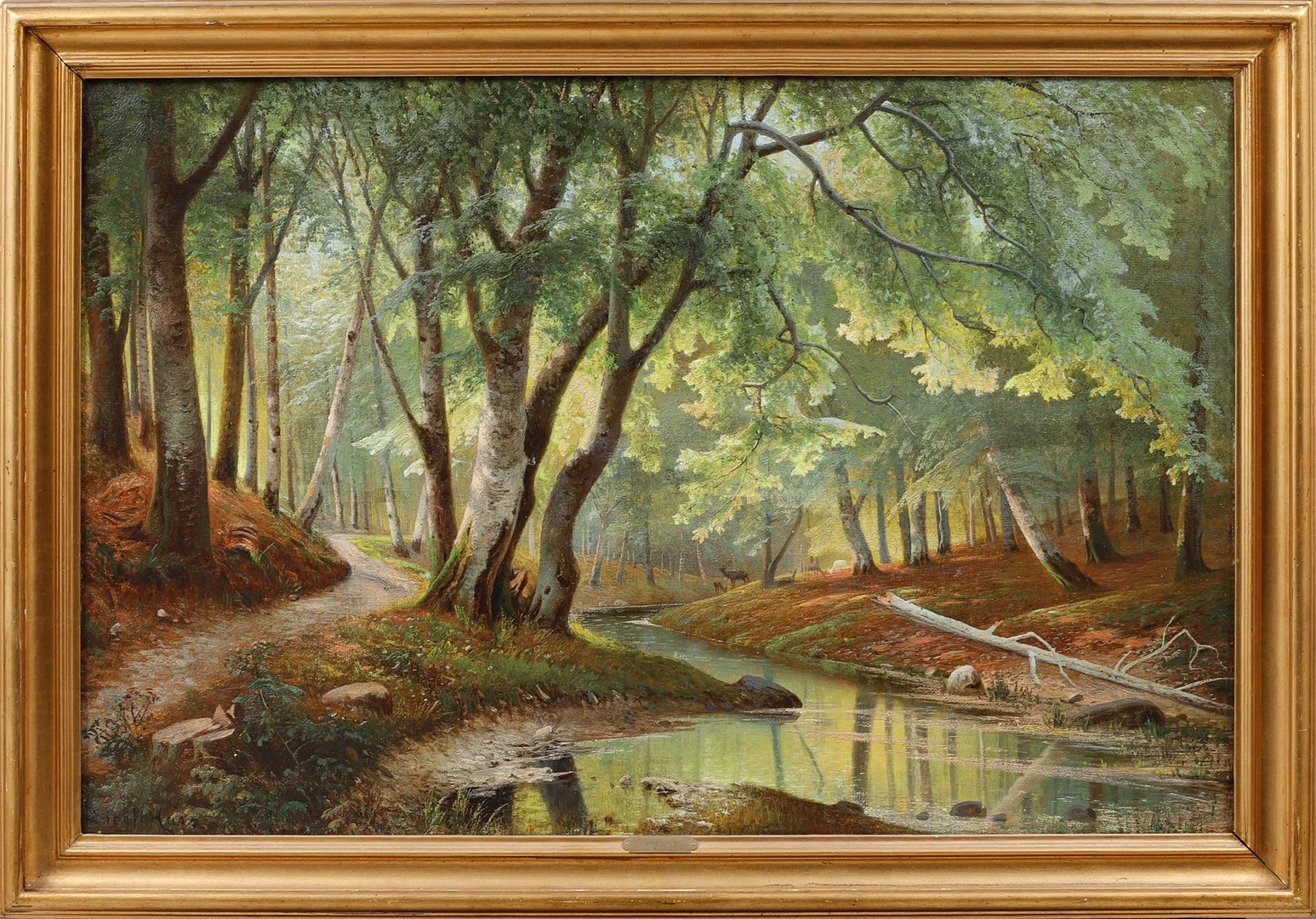 SIEGFRIED HASS. Solbelyst bokskog med hjortar, olja på duk, signerad. — Paintings — Göteborgs Auktionsverk