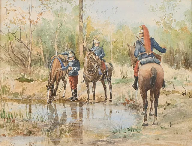 ANNA PALM DE ROSA. Akvarell, kavallerister vid vattenhål.