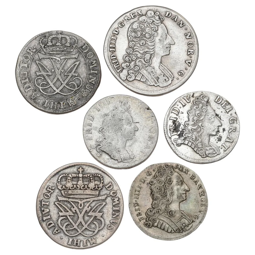 Frederik IV, collection of coins, in total 13 pcs, incl. 8 skilling 1701, 1729, 12 skilling 1713, 1721, 16 skilling 1715; Glückstadt, 8 skilling 1704 — Coins, Medals & Banknotes/Denmark/Frederik IV, 1699–1730 — Bruun Rasmussen