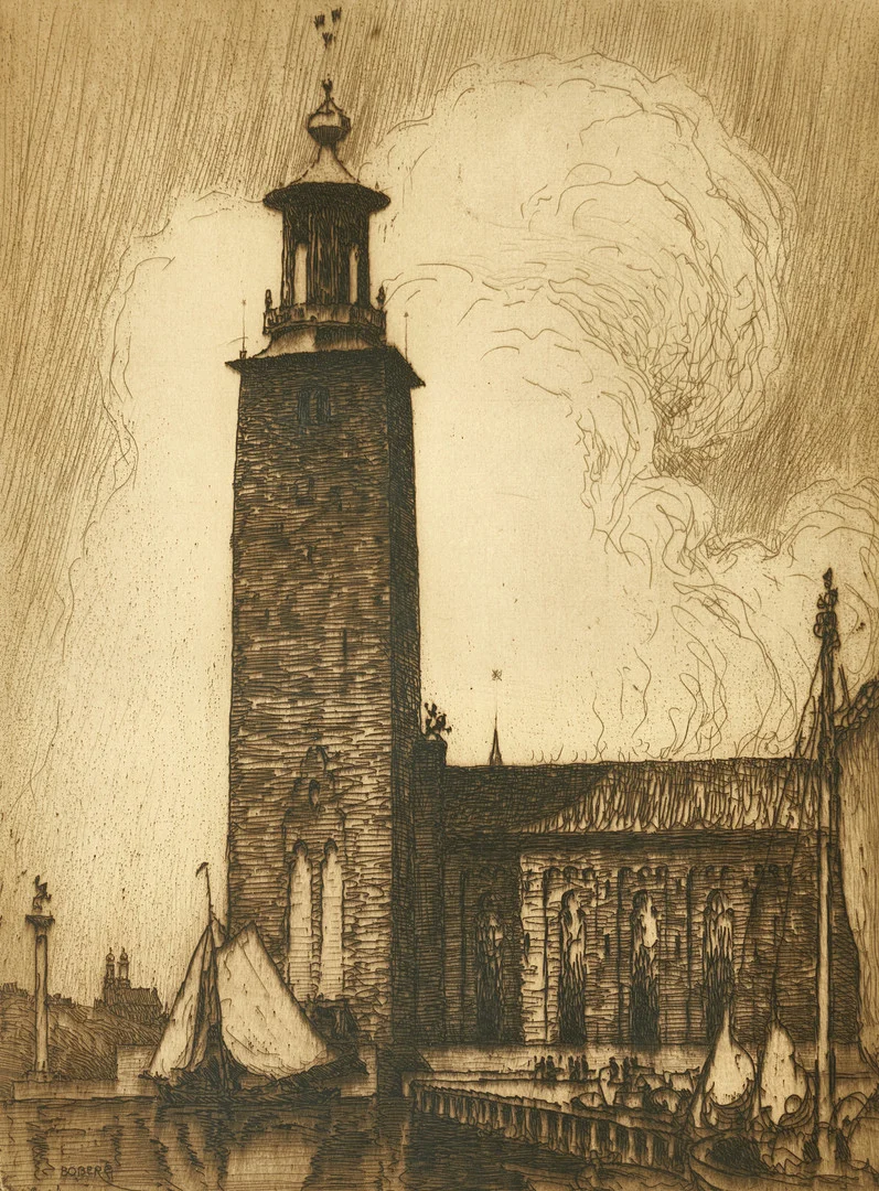 FERDINAND BOBERG (1860-1946), Stockholms Stadshus, signerad i blyerts, etnsing. — Engravings & Prints — Crafoord Auktioner Stockholm