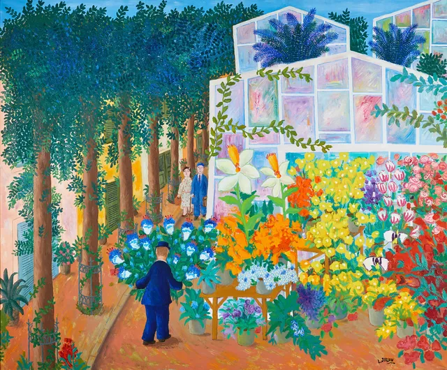 LENNART JIRLOW. Växthuset i byn, olja på duk, 153 x 185 cm.
