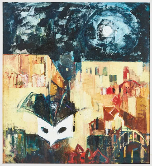 ELISABETH JANSSON. "Albins bro", olja på duk, assemblage, signerad.