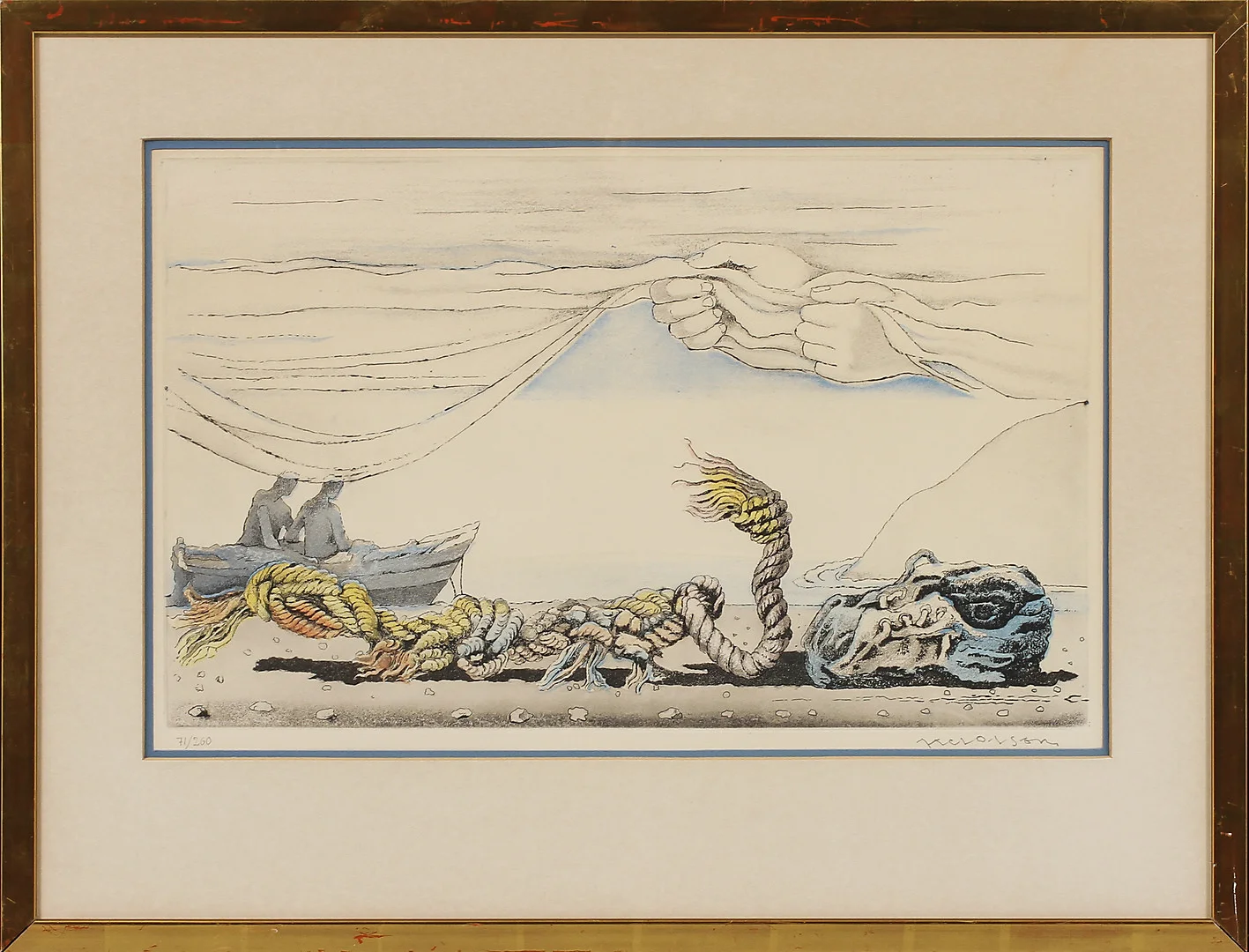 AXEL OLSON. Surrealistisk bild, färglitografi, signerad och numrerad 71/260. — Engravings & Prints — Göteborgs Auktionsverk