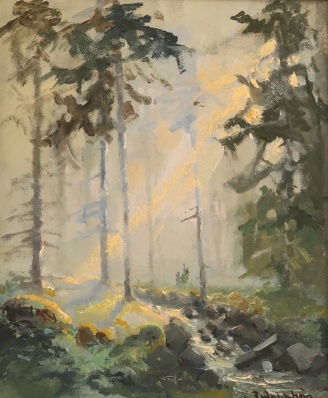 RUNE WAHLSTRÖM. Olja på pannå, solbelyst glänta, signerad.