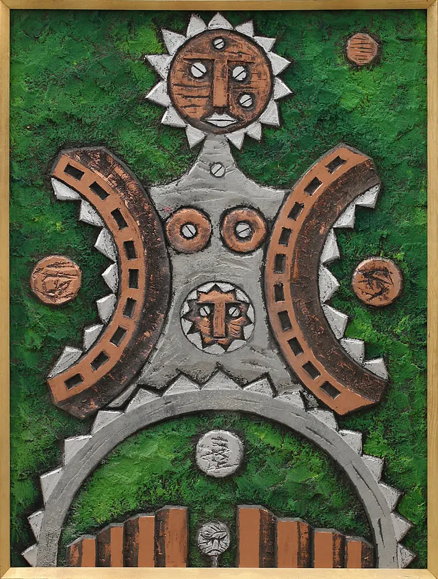 ALF STRIDFELDT. "Födelse" bemålad relief på spånplatta, signerad och daterad -71 a tergo.