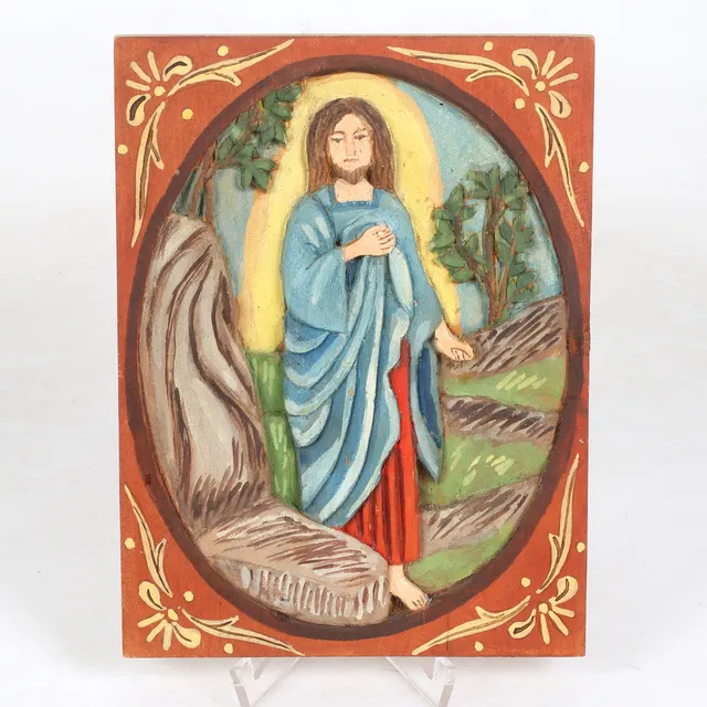 IDA MALM. Trärelief, Jesus, signerad a tergo, Bergsjö, Hälsingland. 1900-talets mitt.