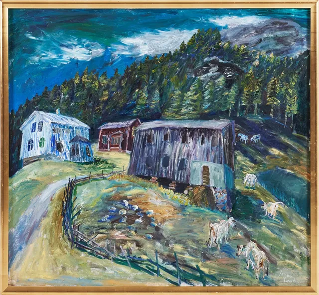 JOHAN LUNDGREN. olja på duk, landskapsmotiv med hus, Nordingrå, 1960-tal, signerad Johan Lundgren.