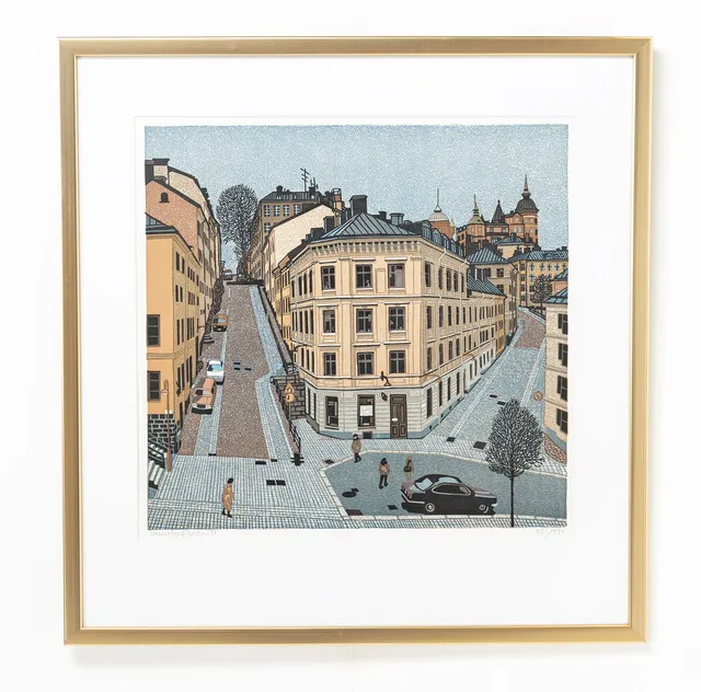 SVEN OLOF EHRÉN. Färglitografi, Södermalm, Bastugatan, signerad & numrerad 251/331.