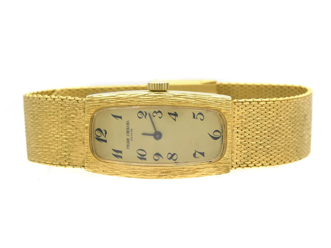 PIERRE L´HUILLIER, Genève, damur, 19,5 x 33 mm, Cal ST 69-21, Boett nr. 424, doublé (10 micron), manuell, plexiglas, skadad urtavla, integrerad länk, ca 1970. — Klockor/Övriga klockor — Kaplans