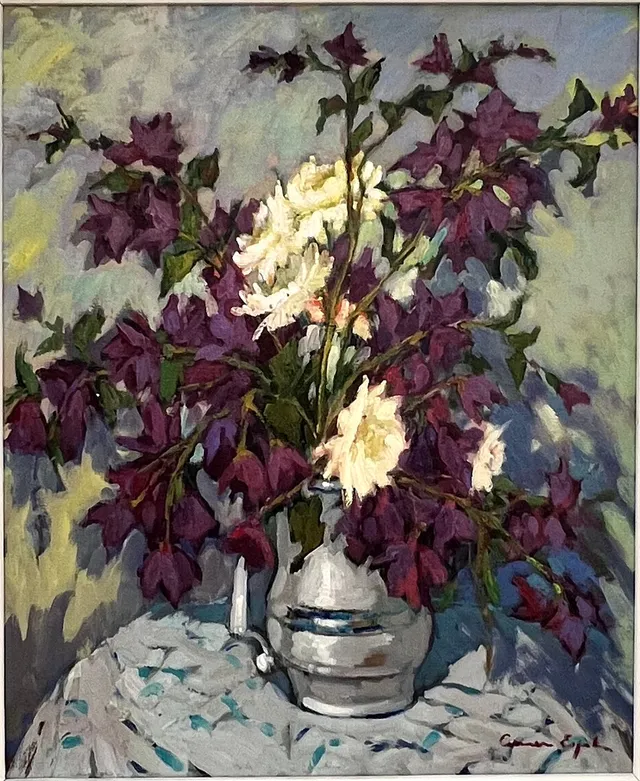 CARMEN ESPEL VIVES. Flores en jarra. Óleo sobre lienzo.