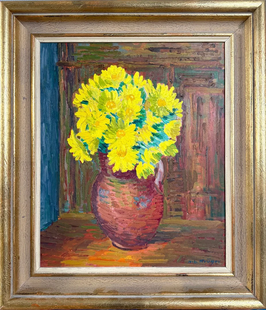 ALBERT KRÜGER (1885–1965). Stilleben med blommor i en brun kruka, signerad Alb.Krüger. — Paintings — Skandia Auktion