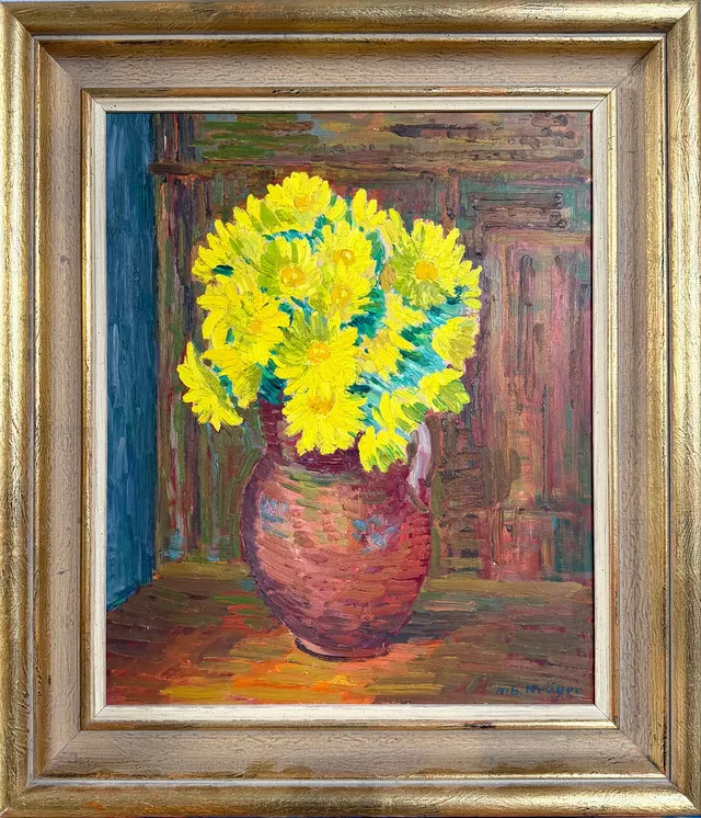 ALBERT KRÜGER (1885–1965). Stilleben med blommor i en brun kruka, signerad Alb.Krüger.