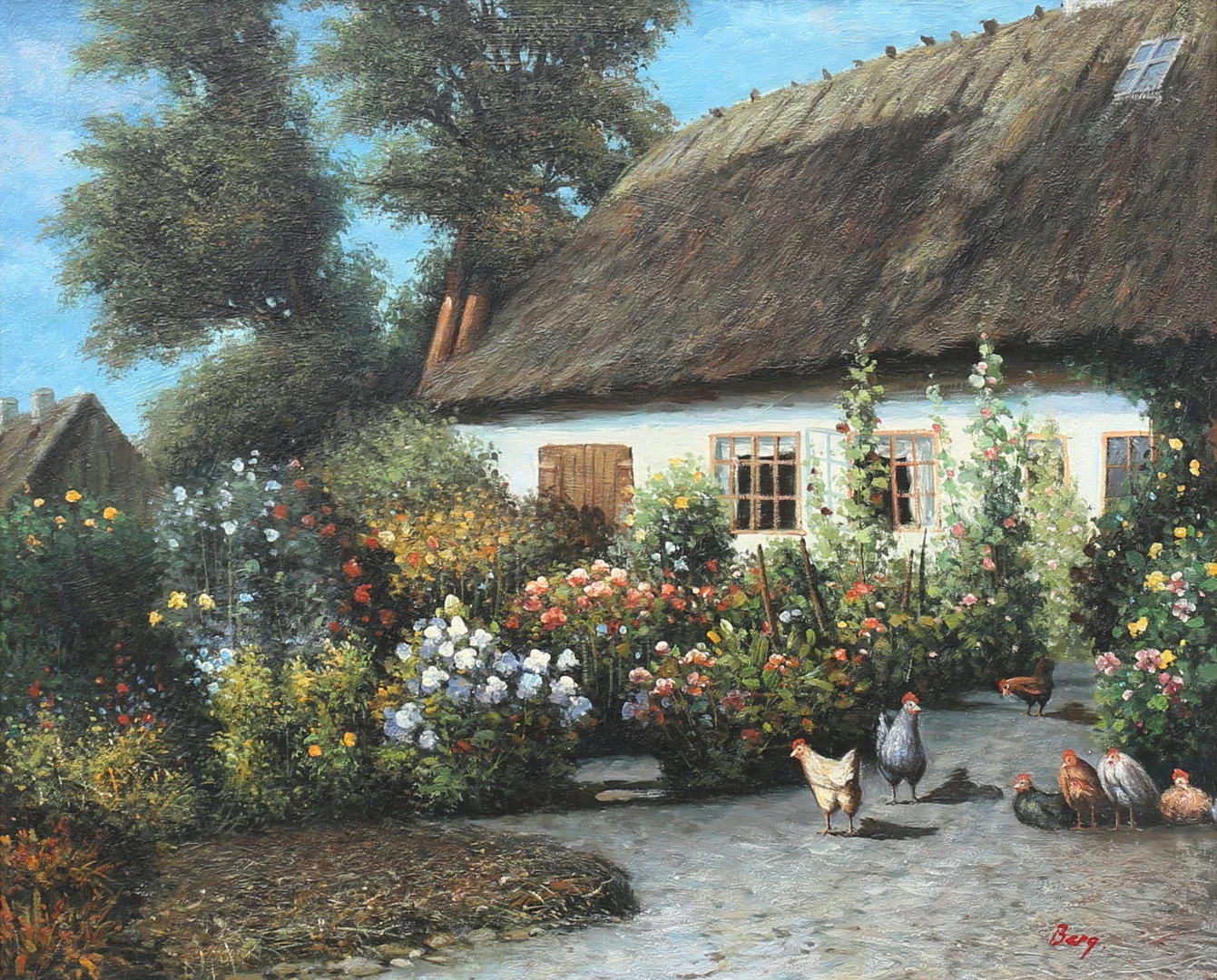 OIDENTIFIERAD KONSTNÄR. Idylliskt gårdsmotiv. Olja på duk, signerad Berg. — Paintings — Auktionshuset Thelin & Johansson