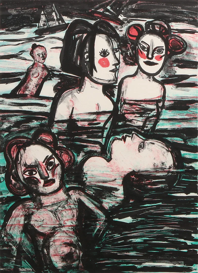 LENA CRONQVIST. Färglitografi 39/170, komposition nummer 25 ur mappen "August Strindberg - Ett Drömspel" utgiven 1989, signerad. — Engravings & Prints — Skånes Auktionsverk