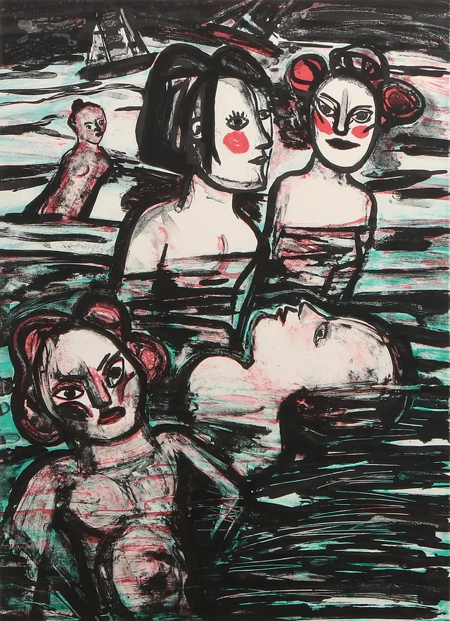 LENA CRONQVIST. Färglitografi 39/170, komposition nummer 25 ur mappen "August Strindberg - Ett Drömspel" utgiven 1989, signerad.