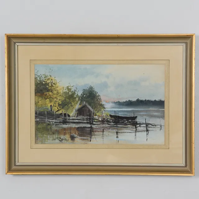 CARL BRANDT. Fiskebåt vid sjö, akvarell på papper, signerad.