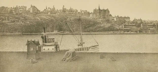 GUSTAF ISANDER (1863-1929). "Söder Mälarstrand en Söndagsmorgon, Sett från Riddarholmen", signerad och daterad i blyerts 1925, numrerad 56/182, torrnålsgravyr.