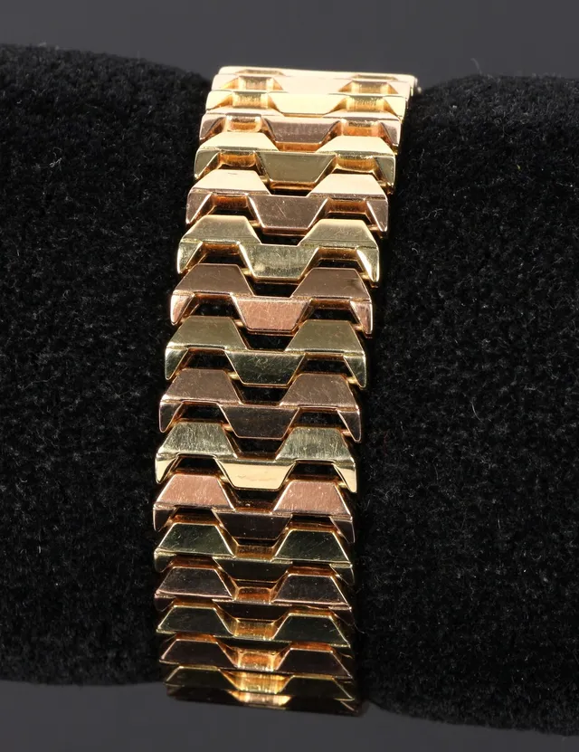 Bredt guldarmbånd, 14 kt guld/ rosaguld, 35,4 gram