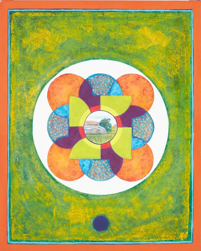 LARS ANDERSSON (1957-2011). Geometrisk komposition, centralt med landskapsmotiv, olja på duk, monogramsignerad a tergo, daterad -05.