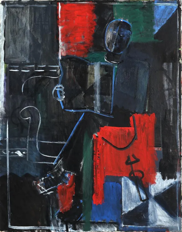 Figure in an interior (Man reading a newspaper), Paris 1949. Signed and dated on the reverse. Oil on canvas. 150×115 cm.
