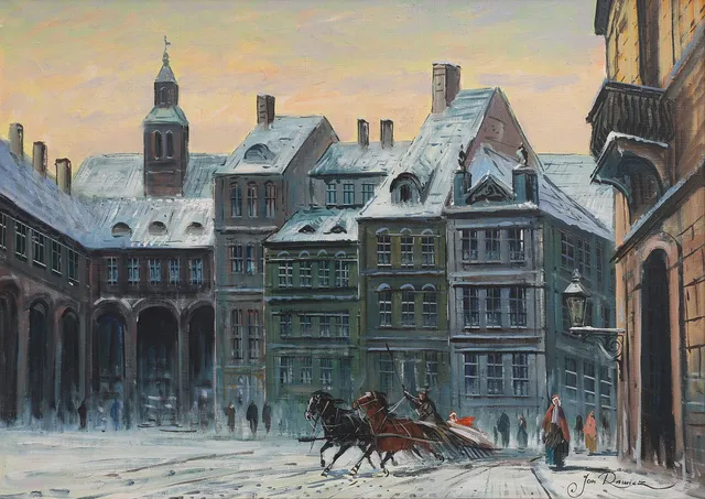 JAN RAWICZ. OLJA PÅ DUK, SLÄDFÄRD ÖVER TORG VINTERTID, SIGNERAD.