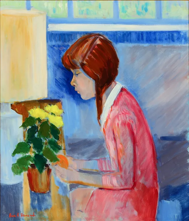 ARNE A. HANSEN (1922-2009). Portræt af siddende pige, olie på lærred, signeret.