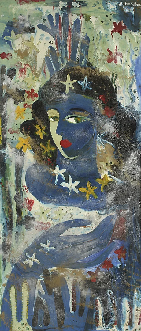 ALY BEN SALEM (1910-2001). Komposition med kvinna i förgrunden. Blandteknik på pannå. — Paintings — Göteborgs Auktionsverk