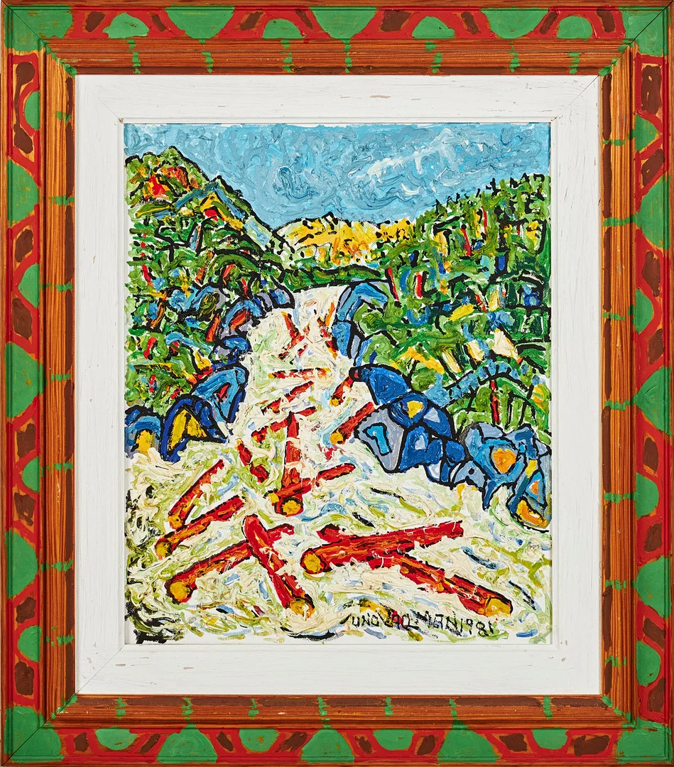 UNO VALLMAN. Timmerflottning, olja på duk, signerad och daterad 1981, ram bemålad av konstnären. — Paintings — Stockholms Auktionsverk Sickla