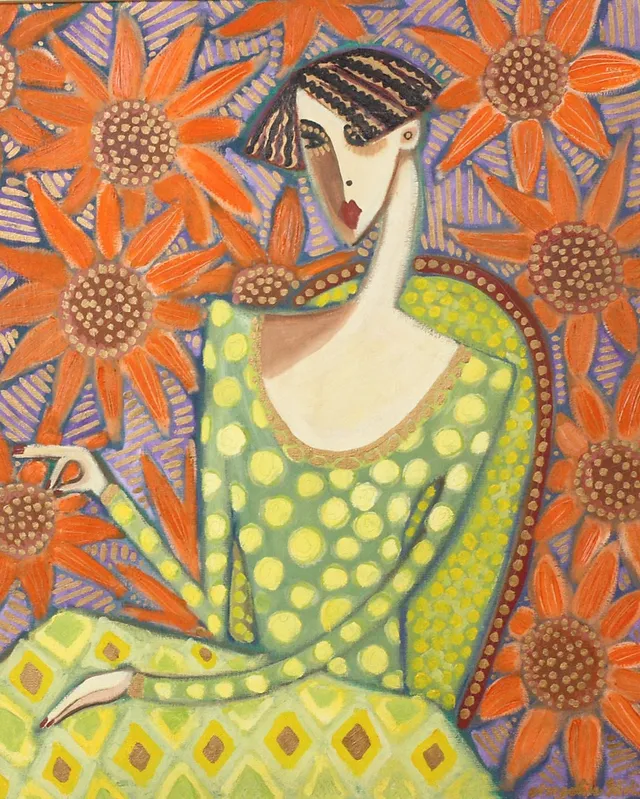 ANGELICA WIIK. "Solrosdam", akryl på duk, 1990-tal, 64x53.