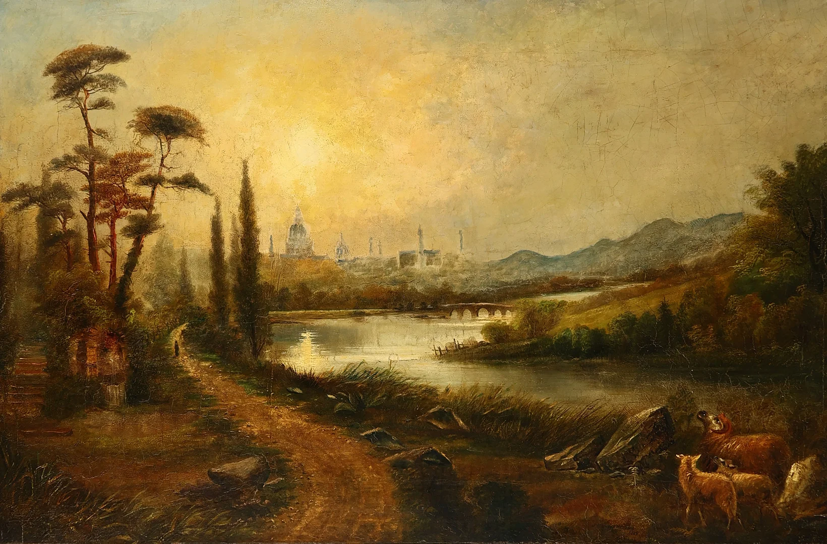 UBEKENDT KUNSTNER. Landskabsmotiv, antagelig med Themsen og London i baggrunden, olie på lærred, signeret og dateret 1885. — Paintings — Palsgaard Kunstauktioner