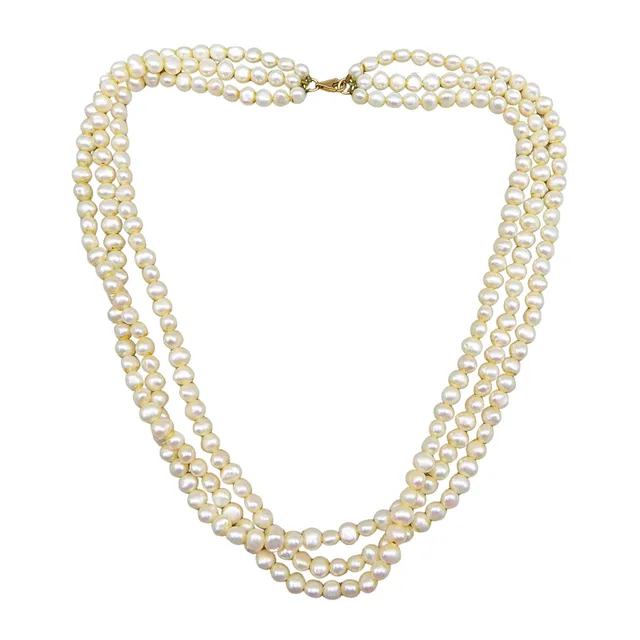 DREIREIHIGES PERLENCOLLIER MIT KARABINERVERSCHLUSS AUS 585ER GELBGOLD, MEISTERMARKE.