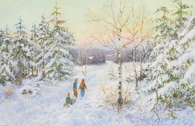 LENNART MÖLLER. Olja på duk, barn i vinterlandskap, signerad.