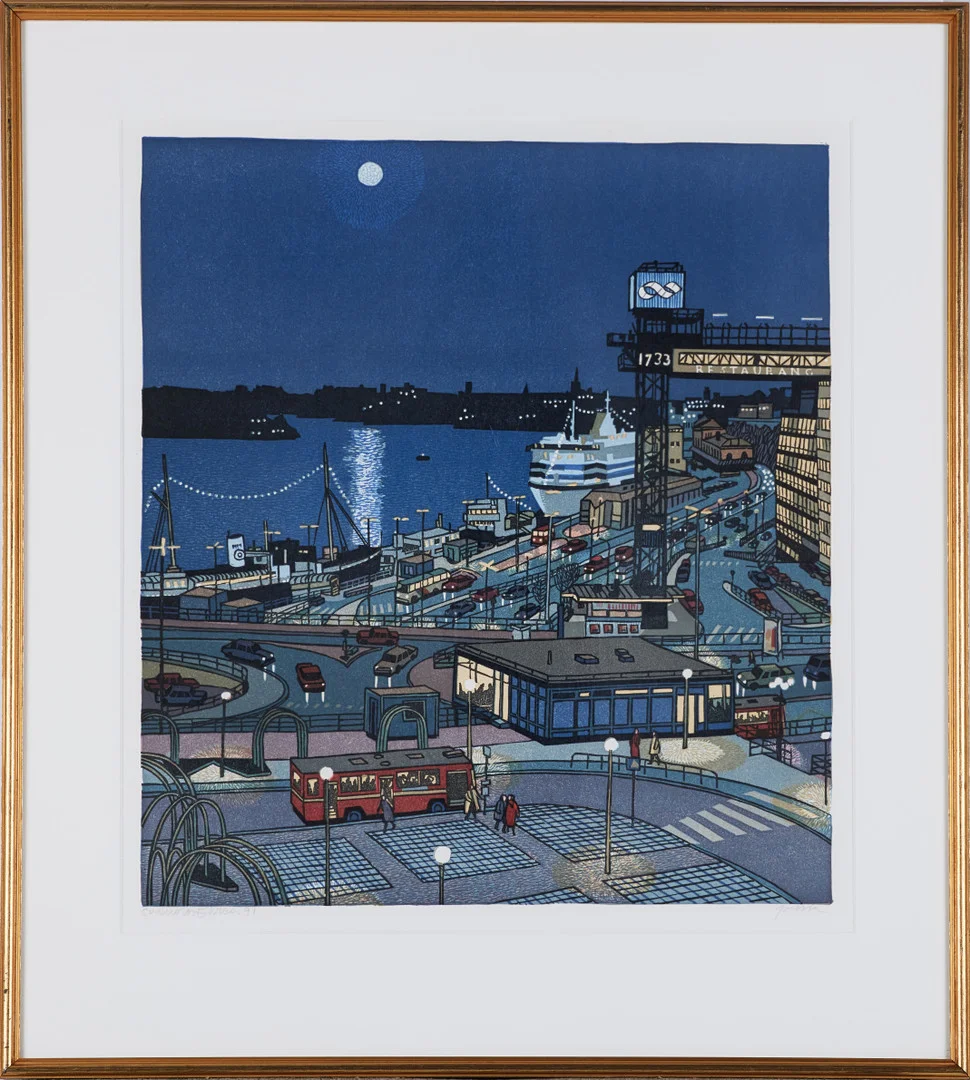 SVENOLOV EHRÉN. Slussen, färglitografi, signerad och daterad Svenolov Ehrén -91. — Engravings & Prints — Stockholms Auktionsverk Magasin 5