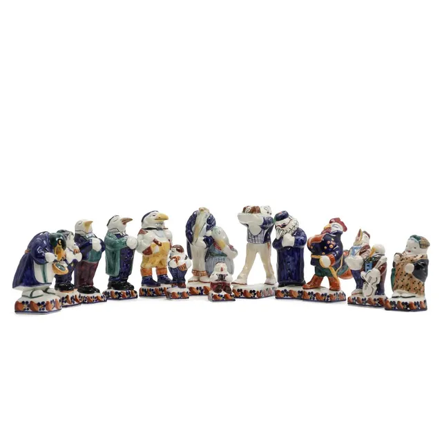 “I skoven skulle være gilde”. Complete series of 13 faience figures, decorated in colours. Aluminia. H. 6–15.5 cm. (13)
