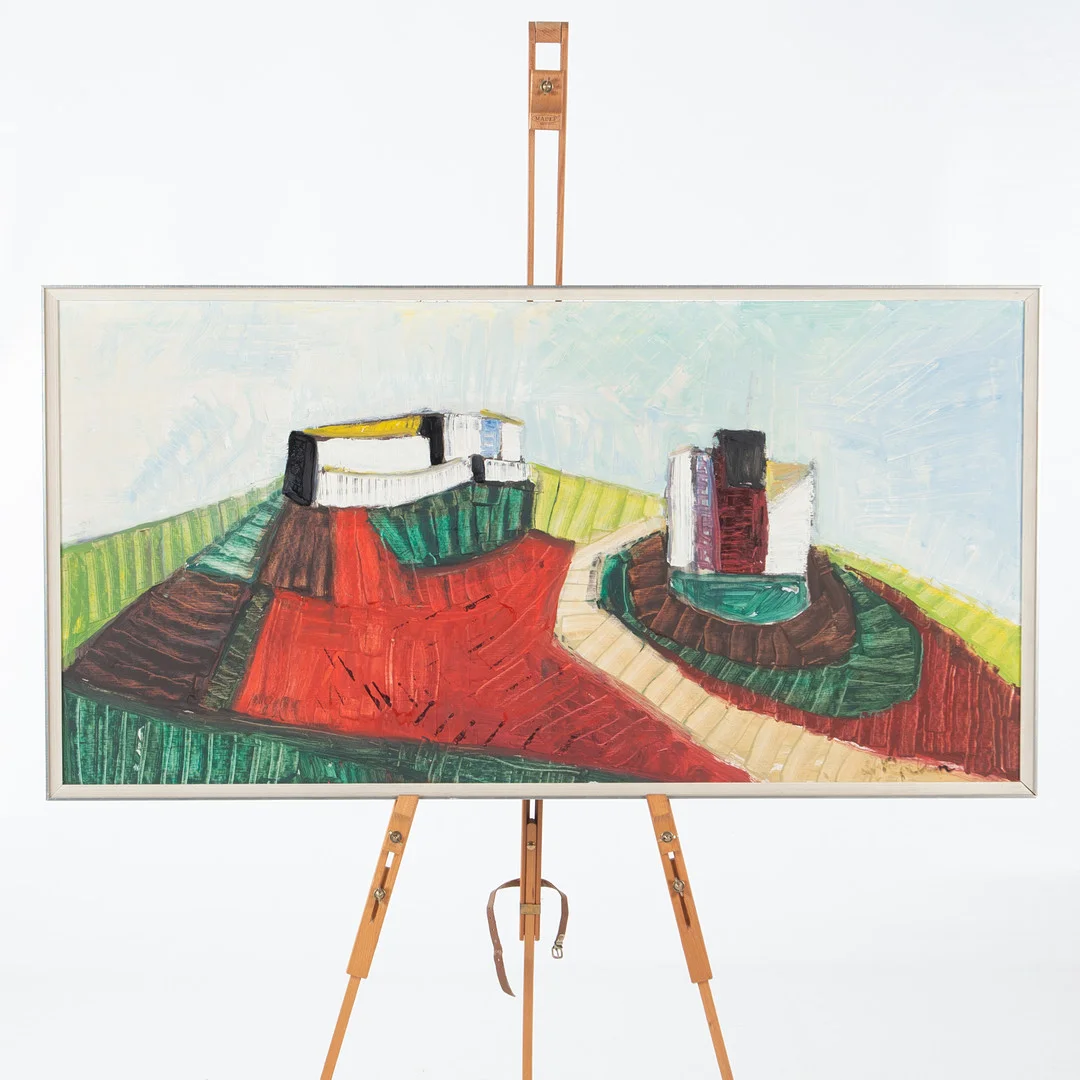 STIG KJELLIN. Komposition med byggnader, olja på pannå, signerad. — Paintings — Laholms Auktionskammare