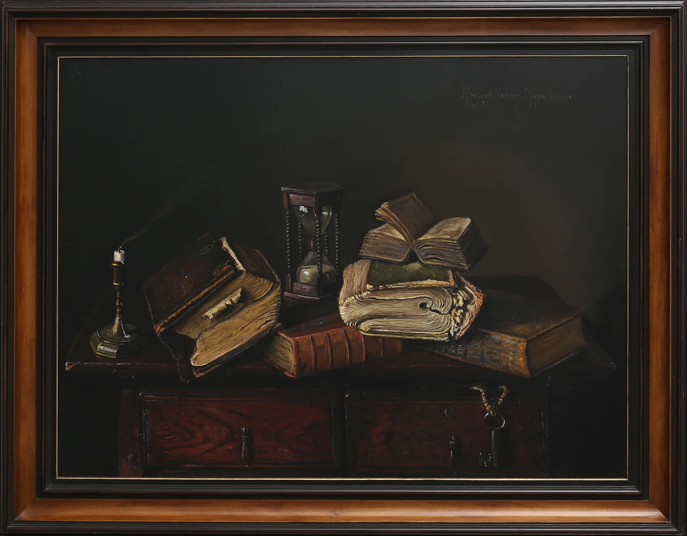 JOHNNY OPPENHEIMER. STILLEBEN MED BL A BÖCKER OCH TIMGLAS. — Paintings — Crafoord Auktioner Lund