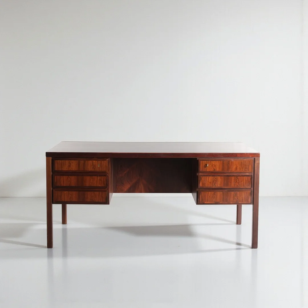 GUNNI OMANN. Fritstående skrivebord af palisander, front med seks skuffer, bagside med opbevaringsrum. Udført hos Omann Jun's Møbelfabrik, model '77'. Danmark, 1960-70'erne. — Desks — Woxholt Auktioner