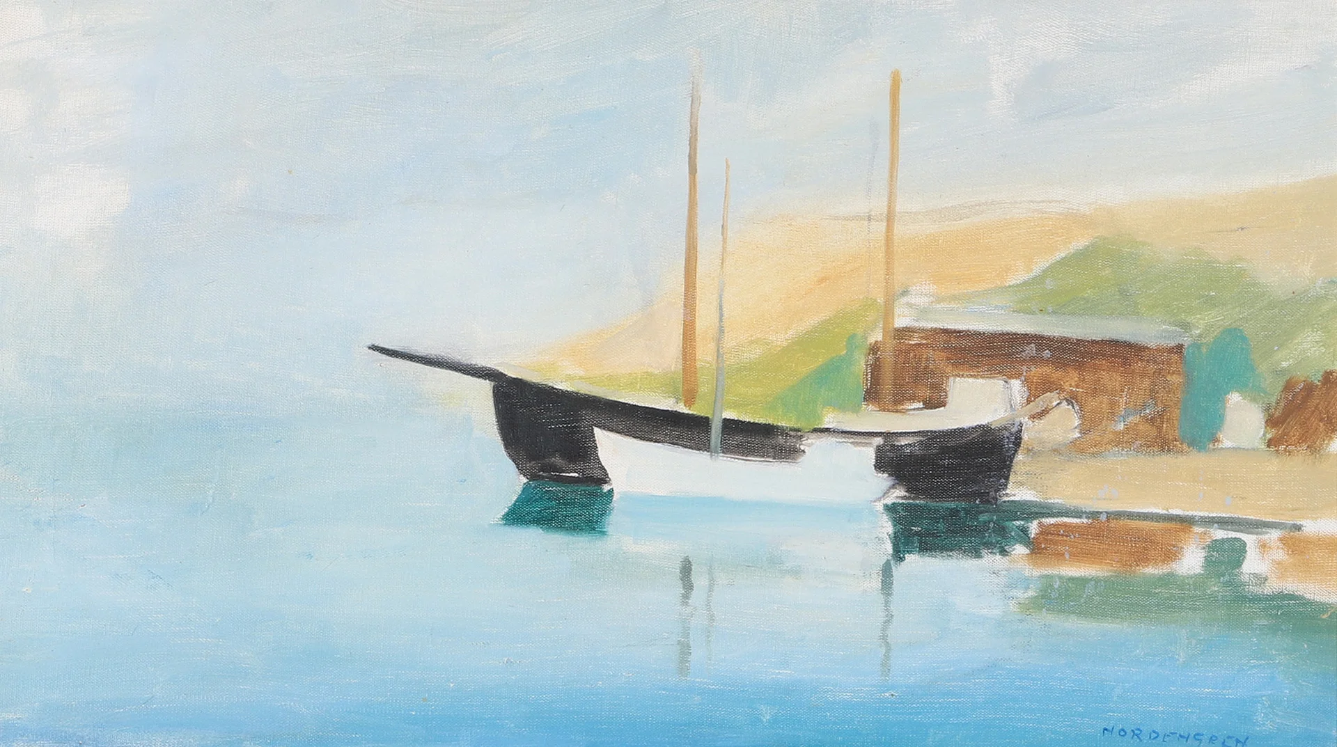 ROLF NORDENGREN. Kustparti med båtar, olja på duk, signerad Nordengren. — Paintings — Helsingborgs Auktionskammare