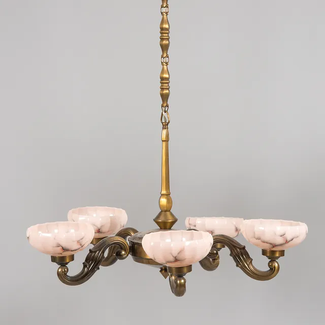 TAKLAMPA, 5-armad med glaskupor, 1900-talets första hälft.