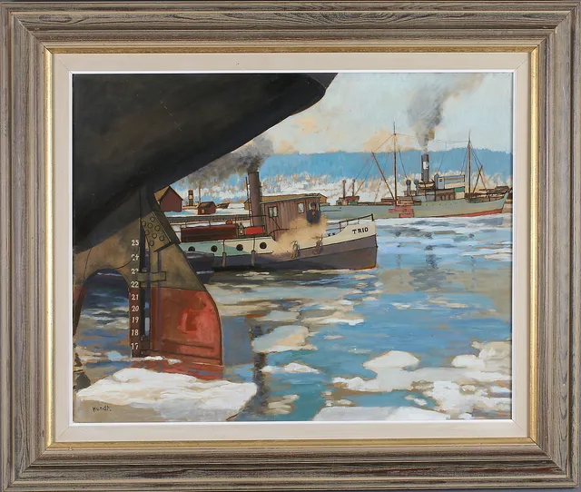 FRIEDRICH WILHELM HUNDT. Hamnen, olja på pannå, signerad.