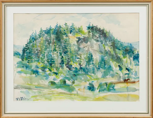 YNGVE STEEN. "Grimmeland Bollaren", akvarell, signerad.