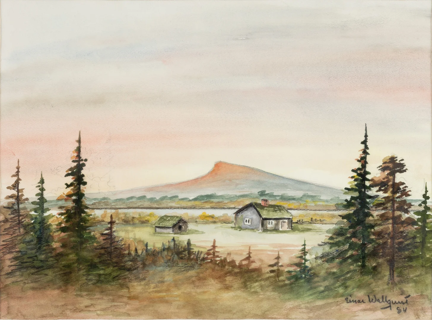 EINAR WALLQUIST. Fjällandskap med stuga, akvarell, signerad samt daterad -84. — Paintings — Auktionshuset Kolonn
