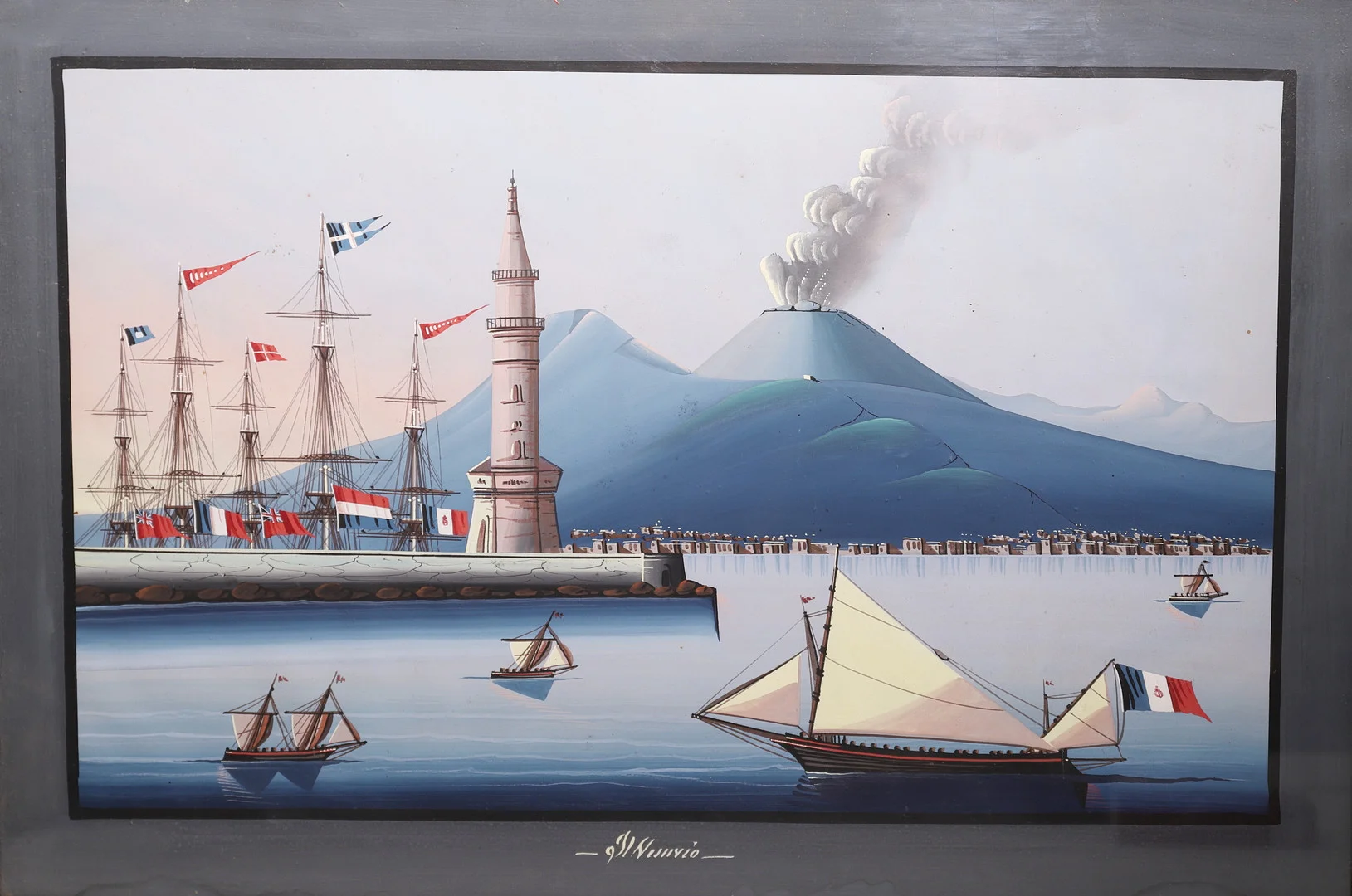 ESCUELA ITALIANA SIGLO XIX. VISTA DEL PUERTO Y EL VESUBIO. GOUACHE SOBRE PAPEL. — Paintings — Barcelona Auctions