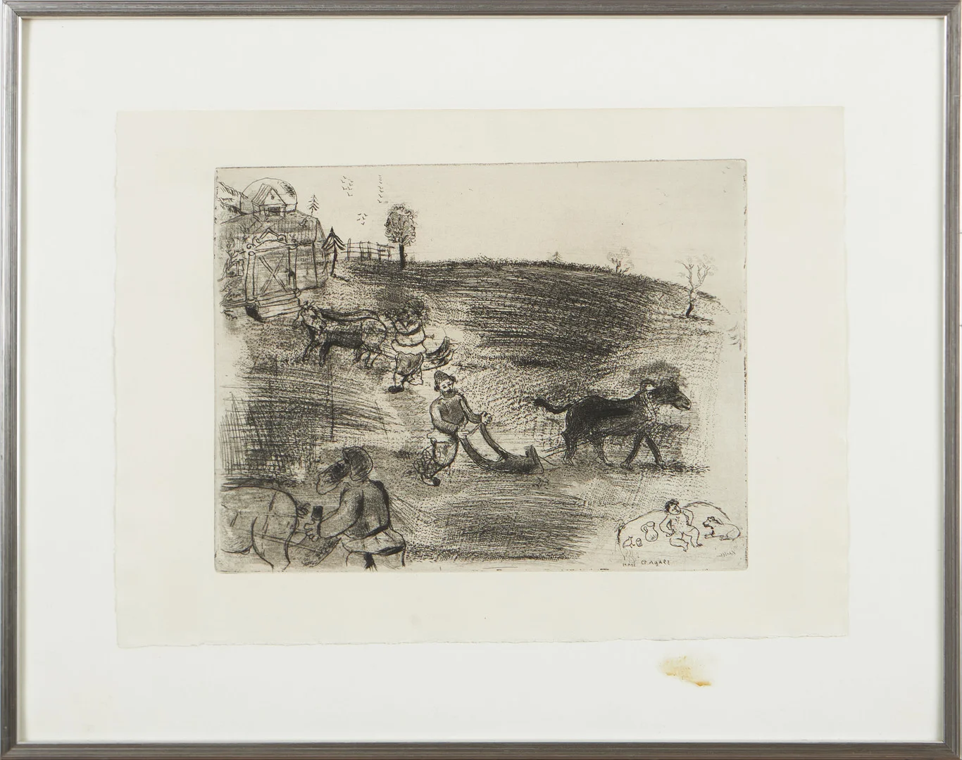 MARC CHAGALL. "Labourage (Peasants Laboring)", plate XLIX, ur Les Âmes mortes (Dead Souls), signerad i plåten Tériade Éditeur, 1948, vattenstämpel MBM, etsning/torrnål. — Engravings & Prints — Stockholms Auktionsverk Magasin 5