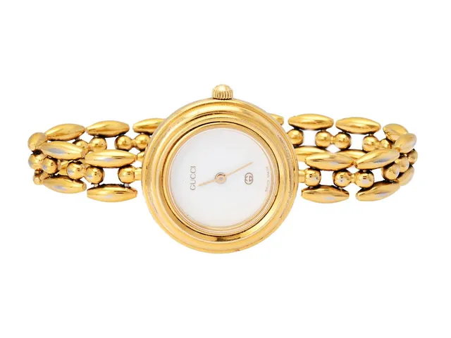GUCCI, damur, 26 mm, Serie nr. 0273966, Boett nr. 11/12, doublé, quartz, mineralglas, defekt (går ej, akut servicebehov), 5 st. utbytbara ringar, integrerad originallänk, längd 155 mm, ca 1990.