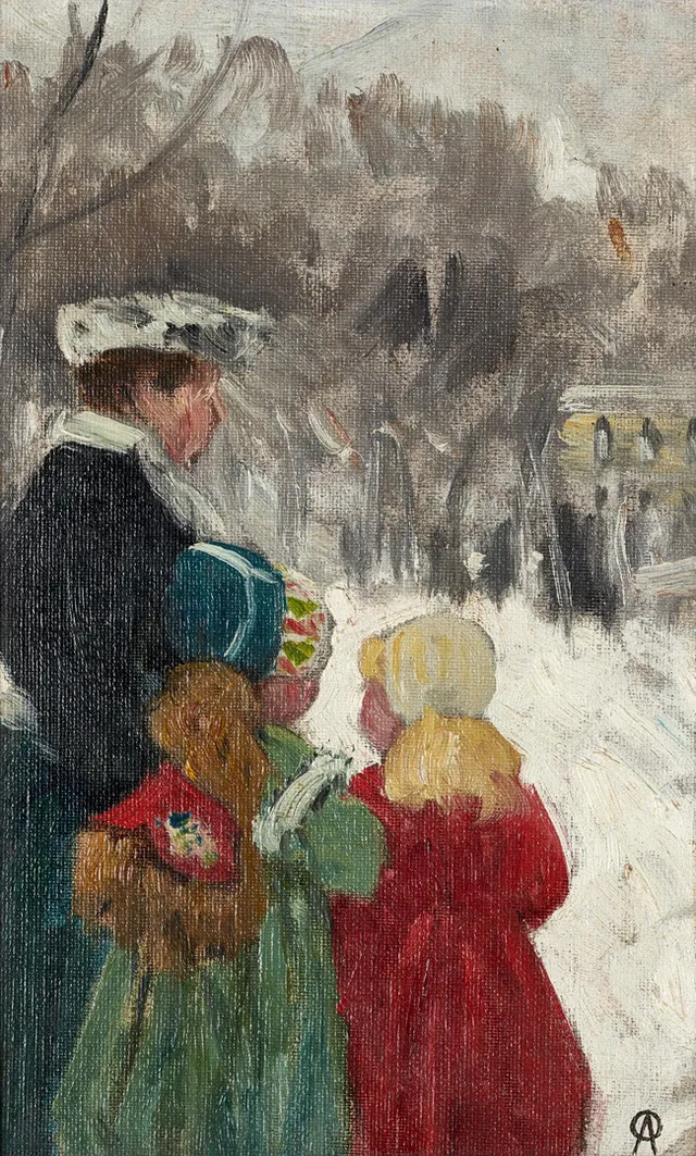 OLOF ARBORELIUS (1842-1915), Mor med döttrar, olja på duk upplimmad på papp-pannå, stämpelsignerad med monogram OA.