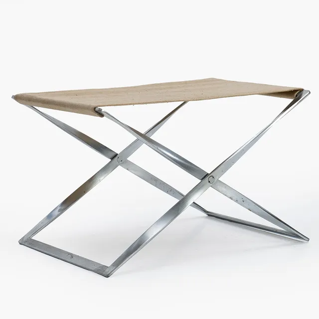 POUL KJAERHOLM (Danmark, 1929-1980). Ihopfällbar pall, "PK91", Fritz Hansen, Danmark, formgiven 1961, vriden stomme i borstat stål med sits i kanvas.