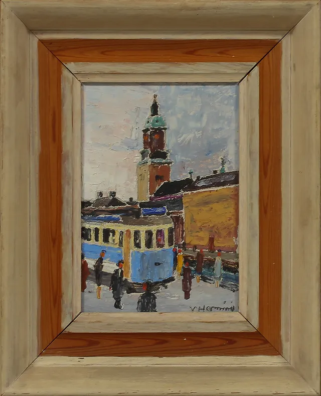 WILHELM HENNING. Spårvagn. Olja på pannå, signerad.