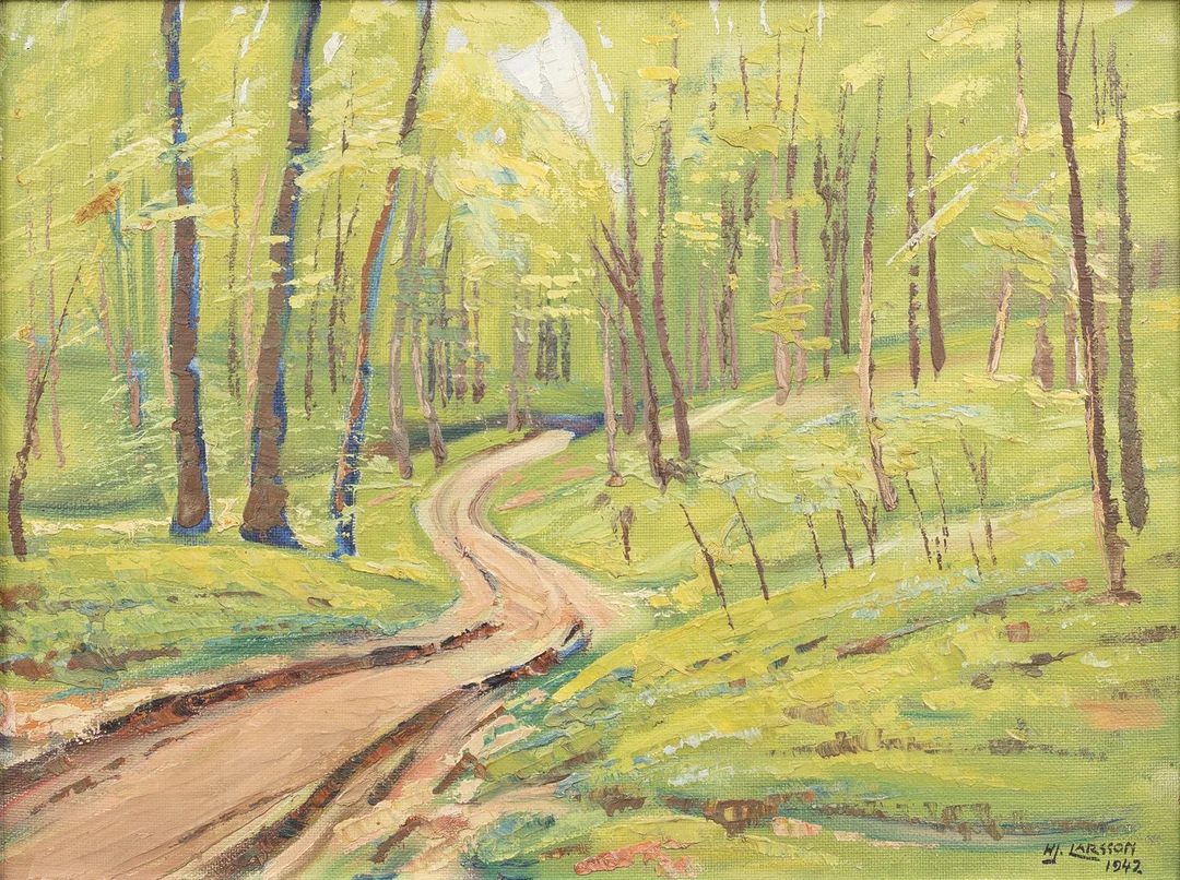 HJALMAR LINDBLOM. "Bökskogen, Torup", olja på pannå, signerad och daterad 1942. — Paintings — Garpenhus Auktioner