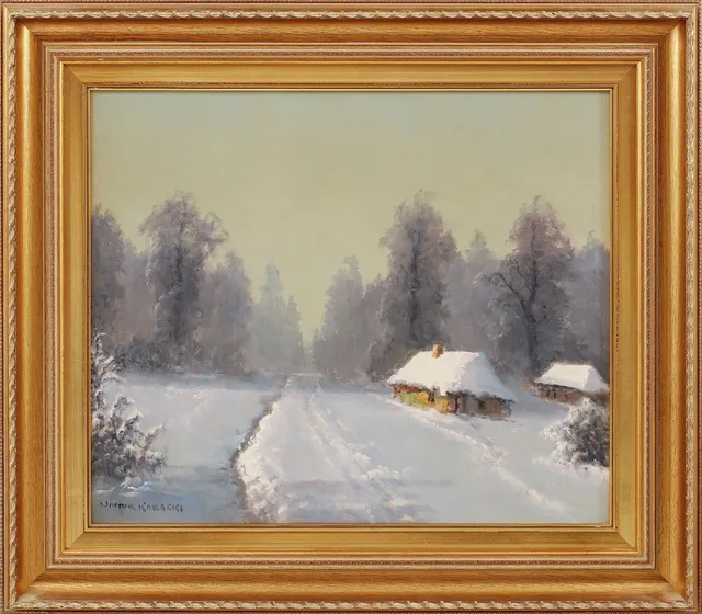 WIKTOR KORECKI. Vinterlandskap med hus, olja på duk, signerad.